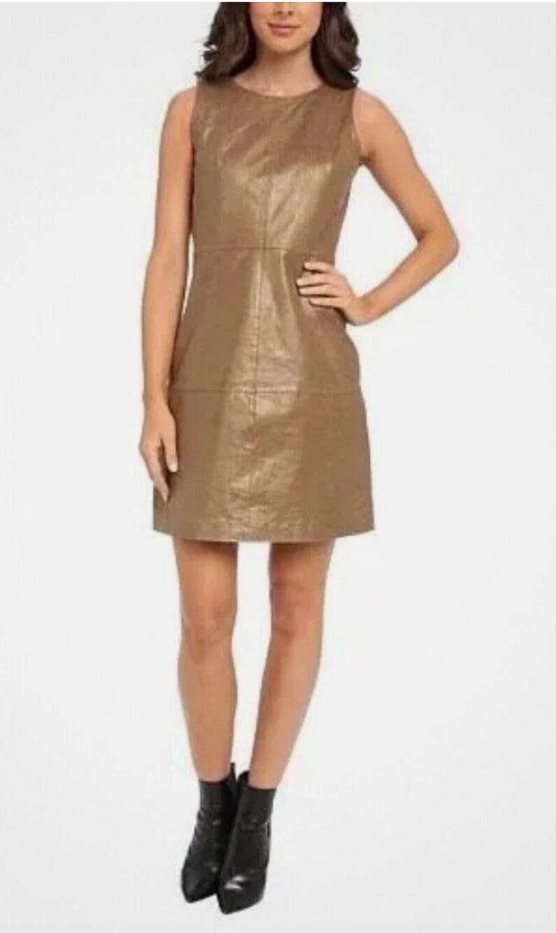 Badgley Mischka Womens 8 Brown Gold Shimmer Leather Belle Midi Shift Dress